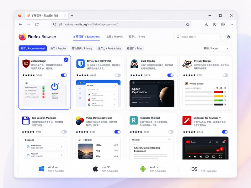 Firefox 扩展生态陈列图，展示丰富的定制插件